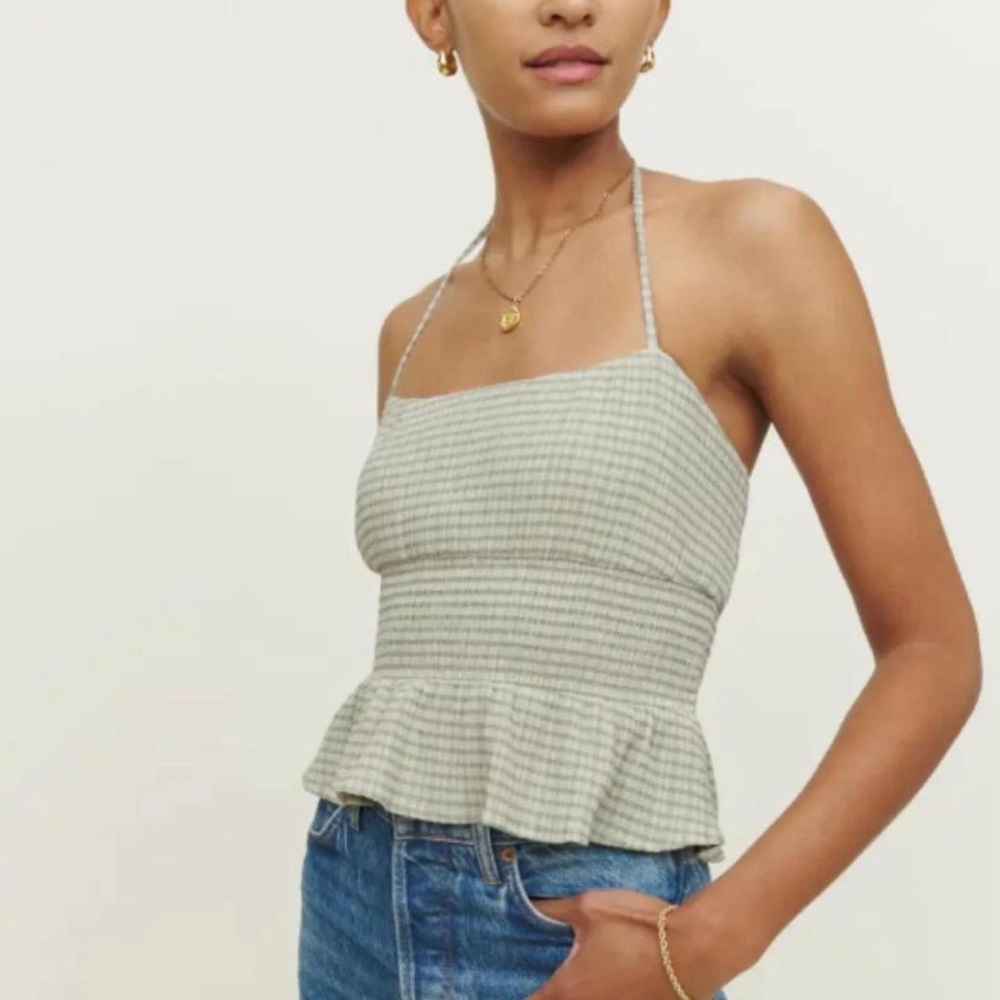 Reformation | Bea Peplum Top in Robins Egg Check